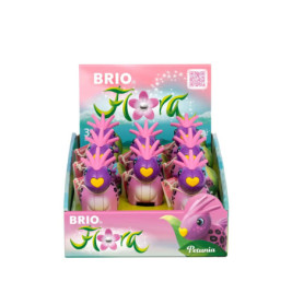 BRIO Flora Petunia Spielzeugbox mit pinken und lila Vogelfiguren, verziert mit gelben Herzen.