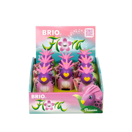 BRIO Flora Petunia Spielzeugbox mit pinken und lila Vogelfiguren, verziert mit gelben Herzen.