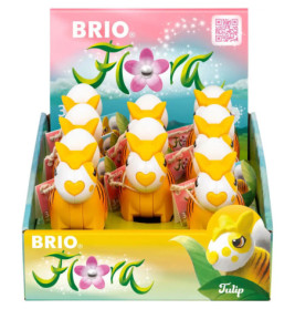 BRIO Flora Tulip Tiere in Gelb und Weiß in einer Schachtel mit blumigem Verpackungsdesign.