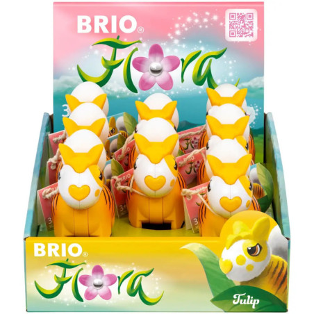 BRIO Flora Tulip Tiere in Gelb und Weiß in einer Schachtel mit blumigem Verpackungsdesign.