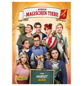 Neun Schüler mit magischen Tieren posieren unter einem Banner für Die Schule der Magischen Tiere 4.