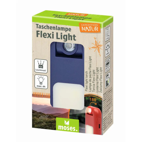Blaue Flexi Light Taschenlampe von Moses in Verpackung, für den Outdoor-Einsatz geeignet.