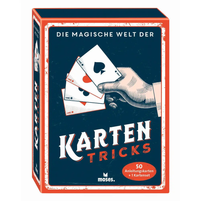 Schachtel mit der Aufschrift Karten Tricks und gezeichneter Hand, die vier Spielkarten hält.