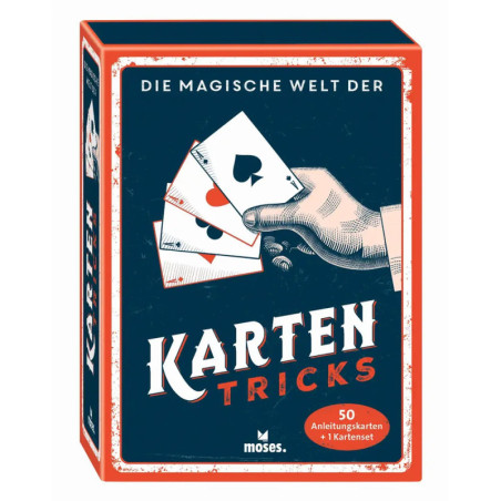 Schachtel mit der Aufschrift Karten Tricks und gezeichneter Hand, die vier Spielkarten hält.