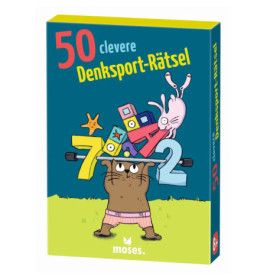 Cartoon-Katze hebt Zahlen, Formen, Schnecke und Stern Text: 50 clevere Denksport-Rätsel.