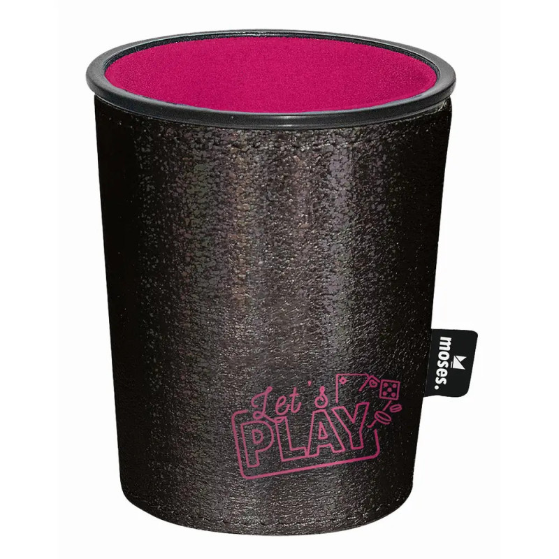 Schwarzer Würfelbecher mit pinker Innenseite und Lets Play-Aufdruck in Pink außen.