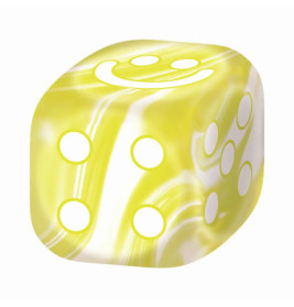 Gelb-weißer, marmorierter Würfel mit Smileymotiv auf einer Seite, andere Seiten zeigen klassische Punkte.