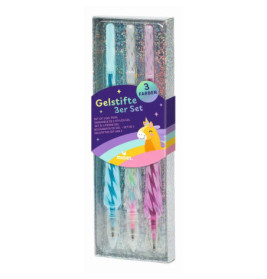 Drei bunte Gelstifte in glitzernder Box mit Einhorn-Etikett Gelstifte 3er Set.