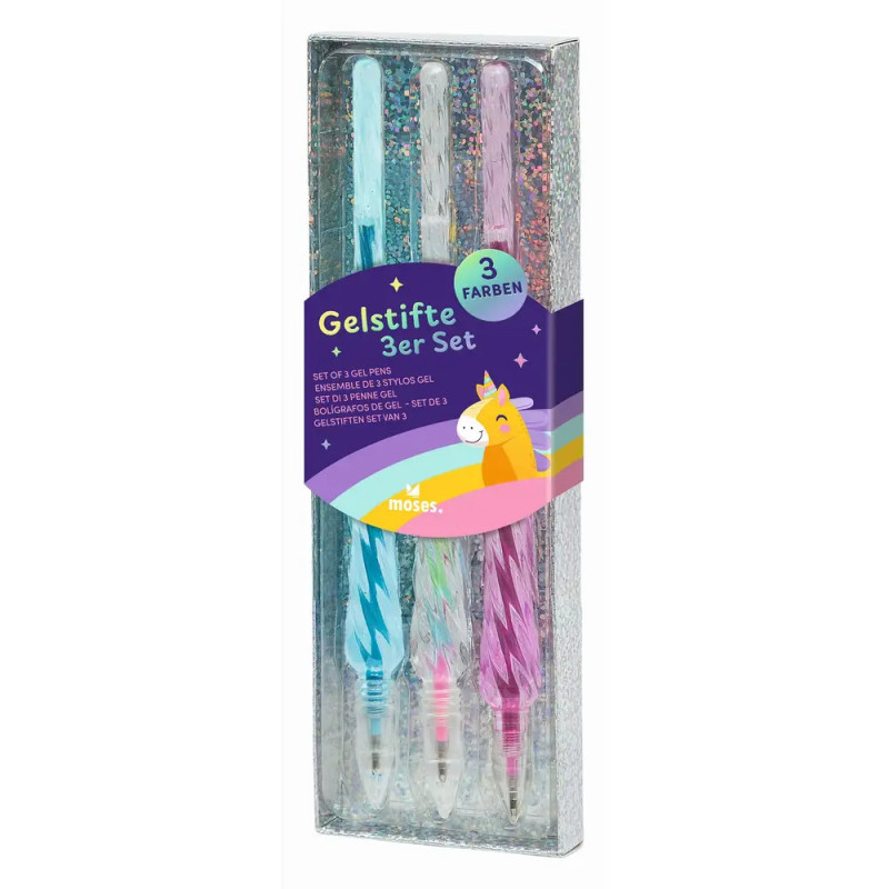 Drei bunte Gelstifte in glitzernder Box mit Einhorn-Etikett Gelstifte 3er Set.