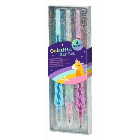 Drei bunte Gelstifte in glitzernder Box mit Einhorn-Etikett Gelstifte 3er Set.
