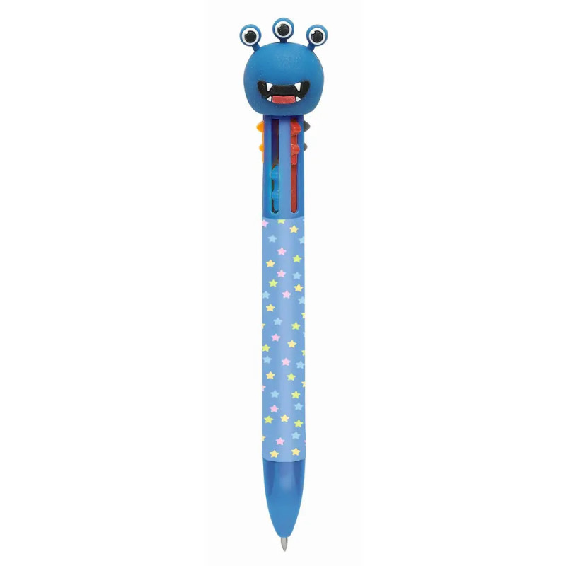 Blauer Multipen mit Monsterkopf und Sternendekor am Schaft.