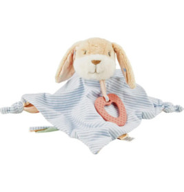 Plüsch-Kuscheltuch mit Hasen, blauen Streifen und befestigtem rosa Herz-Beißring.