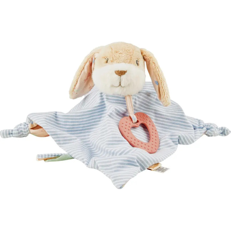 Plüsch-Kuscheltuch mit Hasen, blauen Streifen und befestigtem rosa Herz-Beißring.