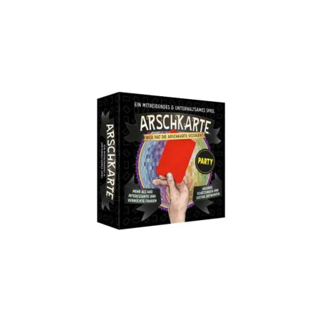 Schachtel des Partyspiels Arschkarte mit einer Hand und roter Karte auf dem Cover.
