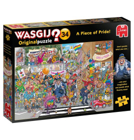 Puzzlebox mit 1000 Teilen, zeigt eine bunte Pride-Parade mit Regenbogenflaggen und Cartoonfiguren.