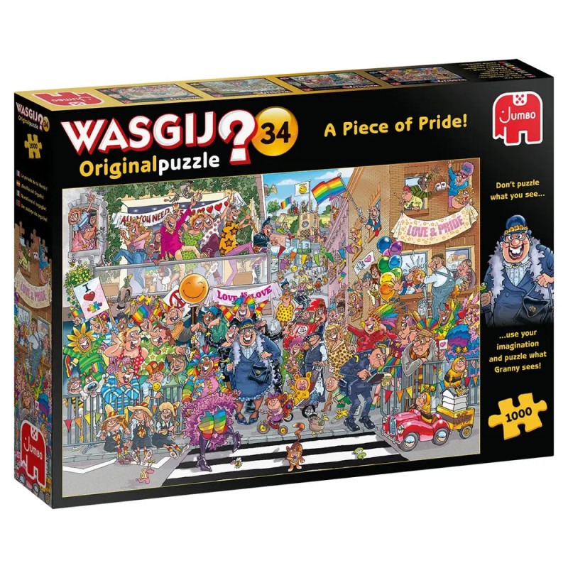 Puzzlebox mit 1000 Teilen, zeigt eine bunte Pride-Parade mit Regenbogenflaggen und Cartoonfiguren. Puzzlebox mit 1000 Teilen, zeigt eine bunte Pride-Parade mit Regenbogenflaggen und Cartoonfiguren.