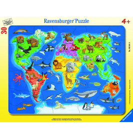 Ravensburger 6641 Weltkarten-Puzzle für Kinder, 30-48 Teile, zeigt Tiere auf allen Kontinenten.
