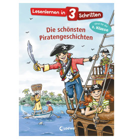 Buchcover mit gezeichneten Piraten, Schiff und dem Titel Die schönsten Piratengeschichten für die 1. Klasse.