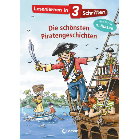 Buchcover mit gezeichneten Piraten, Schiff und dem Titel Die schönsten Piratengeschichten für die 1. Klasse.