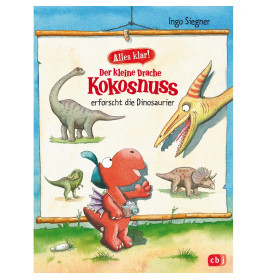 Cartoon-Drache mit Kamera betrachtet vor einem Poster Dinosaurier deutsches Kinderbuch-Cover.