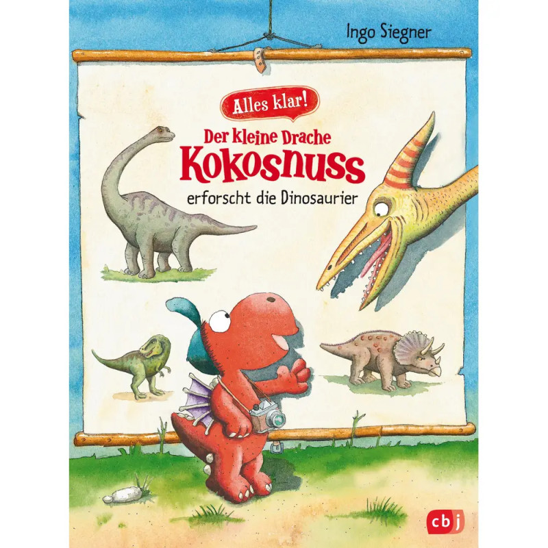 Cartoon-Drache mit Kamera betrachtet vor einem Poster Dinosaurier deutsches Kinderbuch-Cover.
