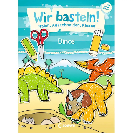 Kinderbastelbuch: Dinosaurier, Schere, Kleber und Stifte auf dem Cover. Titel: Wir basteln! Dinos.