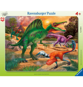 Bunte Dinosaurier in prähistorischer Landschaft auf dem Ravensburger 5094 Spinosaurus Puzzle, 30-48 Teile, ab 4 Jahren.