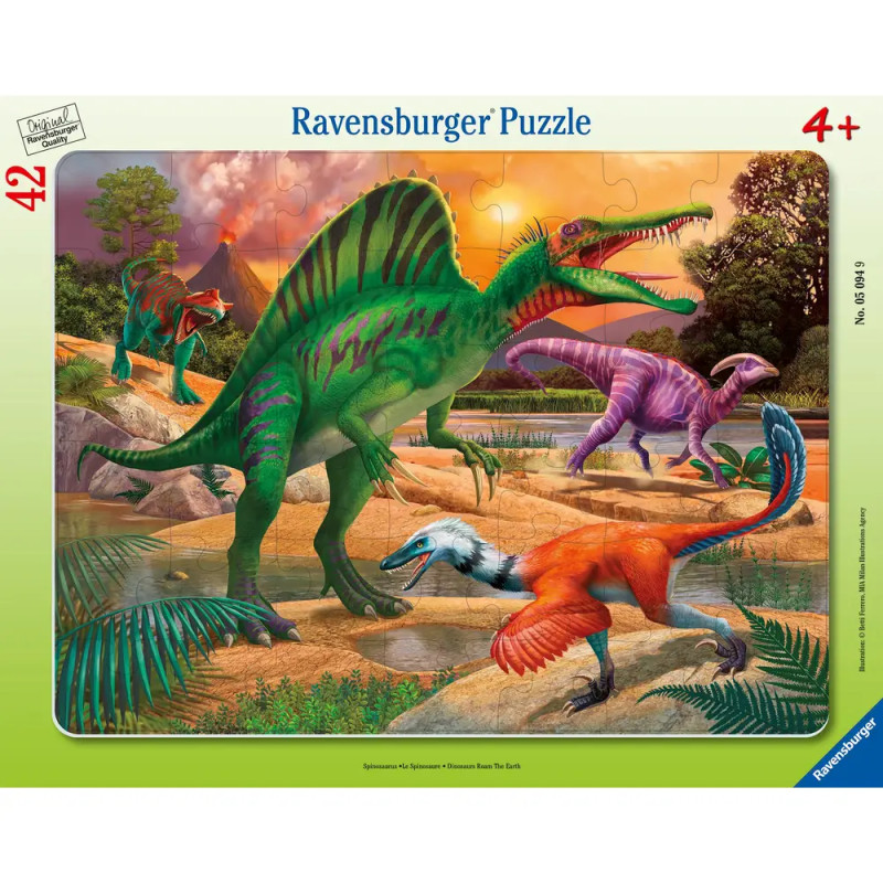 Bunte Dinosaurier in prähistorischer Landschaft auf dem Ravensburger 5094 Spinosaurus Puzzle, 30-48 Teile, ab 4 Jahren.