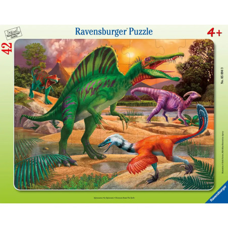 Bunte Dinosaurier in prähistorischer Landschaft auf dem Ravensburger 5094 Spinosaurus Puzzle, 30-48 Teile, ab 4 Jahren.