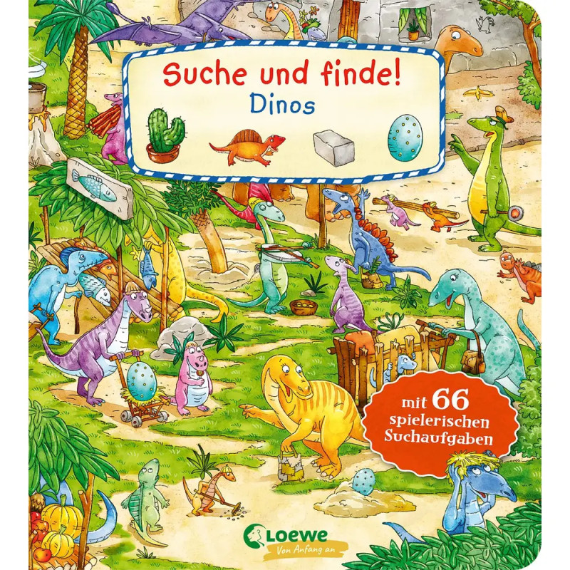 Buntes Cover mit Dinosauriern im Dschungel, deutschen Texten und Eiern am Boden.