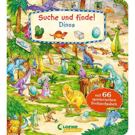 Buntes Cover mit Dinosauriern im Dschungel, deutschen Texten und Eiern am Boden.