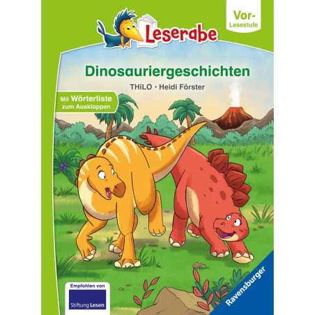 Zwei Cartoon-Dinosaurier gehen auf Gras vor Vulkan und Palmen Umschlag eines deutschen Buchs.