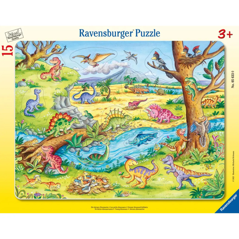 Bunte Dino- und Urzeittier-Illustration am Fluss, gestaltet als Ravensburger Puzzle für Kinder ab 3 Jahren.