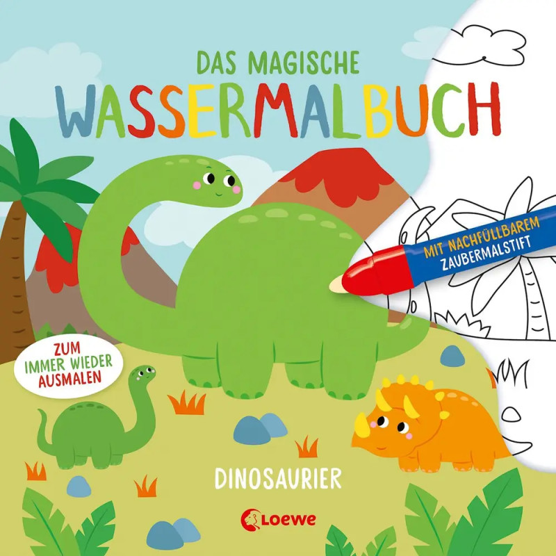 Dinosaurier-Malbuch mit grünem Dino, Vulkan und nachfüllbarem magischen Stift auf dem Cover.