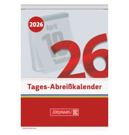 Titelblatt eines deutschen Tages-Abreißkalenders 2026, mit rotem Schriftzug Tages-Abreißkalender.