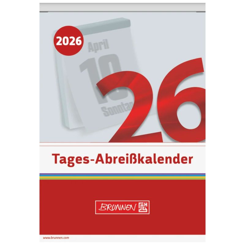Titelblatt eines deutschen Tages-Abreißkalenders 2026, mit rotem Schriftzug Tages-Abreißkalender.
