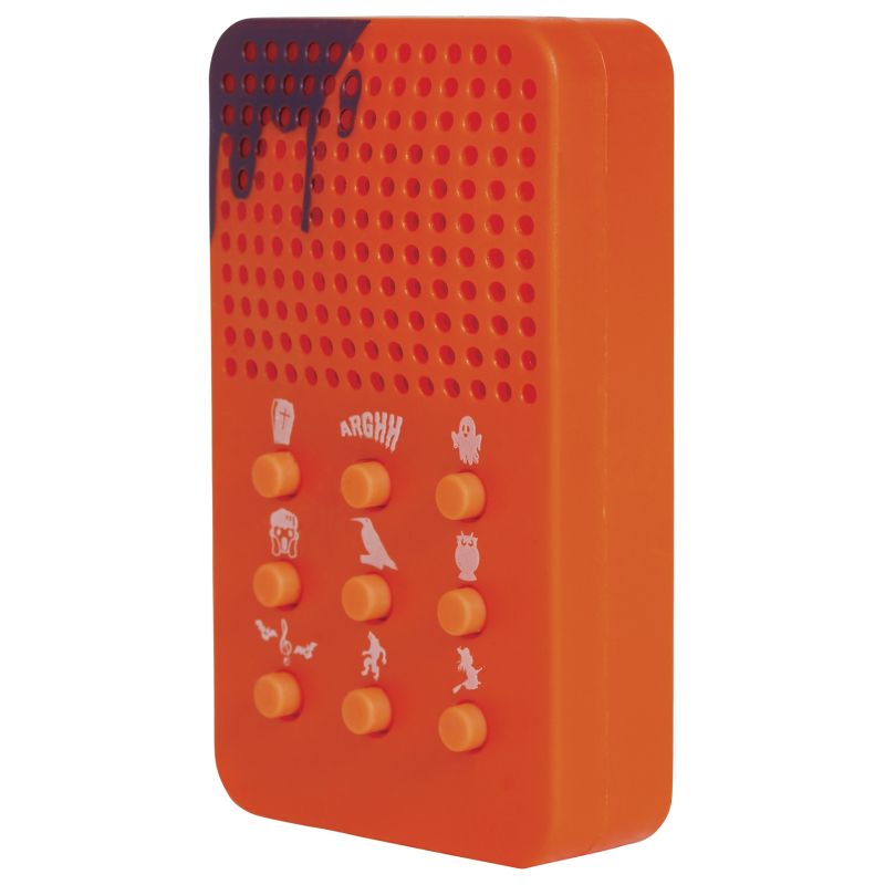 Orange Halloween-Soundeffektbox mit gruseligen Icons auf den Tasten und schwarzen Farbtropfen oben.