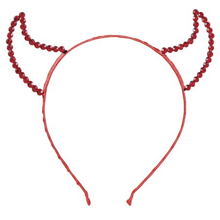 Rotes Haarband mit perlenbesetzten Teufelshörnern an den Seiten, als Kostüm-Accessoire gestaltet.