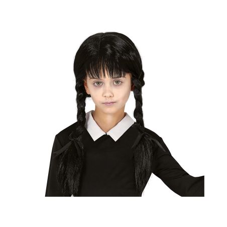 SCHWARZE KINDER PERÜCKE MIT PONY U. ZWEI ZÖPFEN (