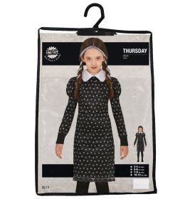 Donnerstag-Kostüm für Kinder: Schwarzes Kleid mit weißem Kragen und Haarband, in Verpackung präsentiert.