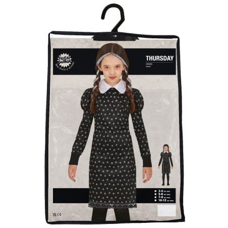 Donnerstag-Kostüm für Kinder: Schwarzes Kleid mit weißem Kragen und Haarband, in Verpackung präsentiert. Donnerstag-Kostüm für Kinder: Schwarzes Kleid mit weißem Kragen und Haarband, in Verpackung präsentiert.