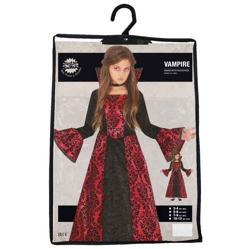 Kinder-Vampirkostüm mit rot-schwarzem Kleid auf Bügel, Verpackung zeigt Größenoptionen und Produktfoto.
