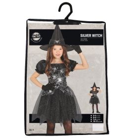 Kind im glitzernden schwarz-silbernen Hexenkostüm mit Hut auf einer Kostümverpackung mit der Aufschrift Silver Witch.