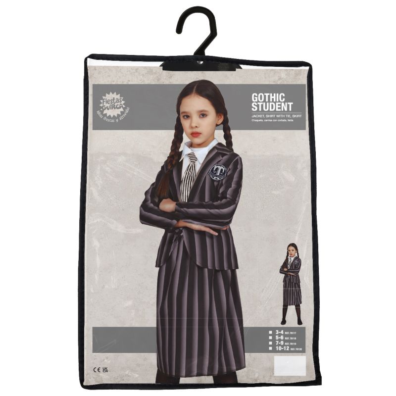Kind im schwarz-weiß gestreiften Gothic-Schülerkostüm mit Krawatte auf Verpackung abgebildet.