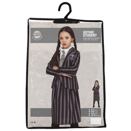 Kind im schwarz-weiß gestreiften Gothic-Schülerkostüm mit Krawatte auf Verpackung abgebildet. Kind im schwarz-weiß gestreiften Gothic-Schülerkostüm mit Krawatte auf Verpackung abgebildet.