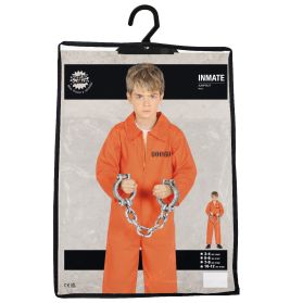 Junge im orangen Häftlingskostüm mit Spielzeugfesseln, in Verpackung mit Aufhänger präsentiert.