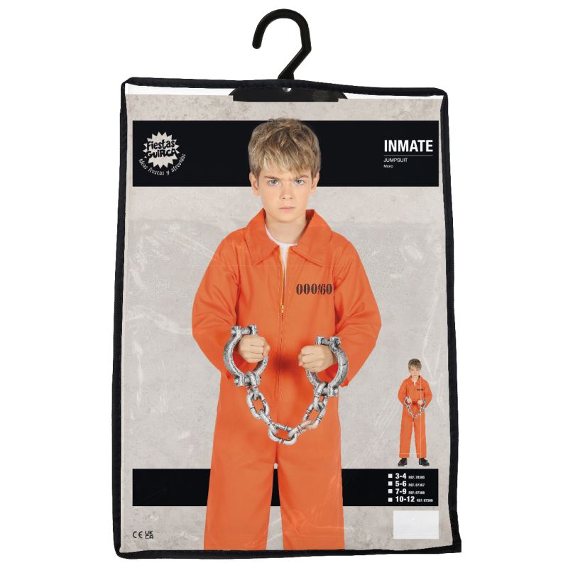 Junge im orangen Häftlingskostüm mit Spielzeugfesseln, in Verpackung mit Aufhänger präsentiert.