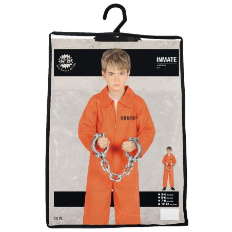 Junge im orangen Häftlingskostüm mit Spielzeugfesseln, in Verpackung mit Aufhänger präsentiert.