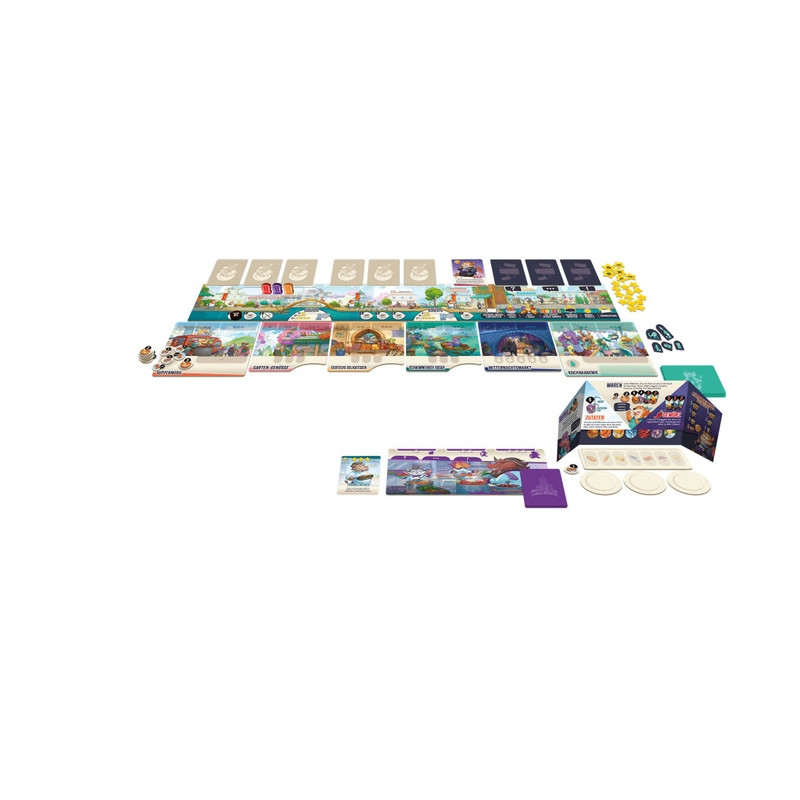 Animal Crossing Brettspiel-Komponenten wie Karten, Marker, Spielbretter und Box sind ausgelegt.