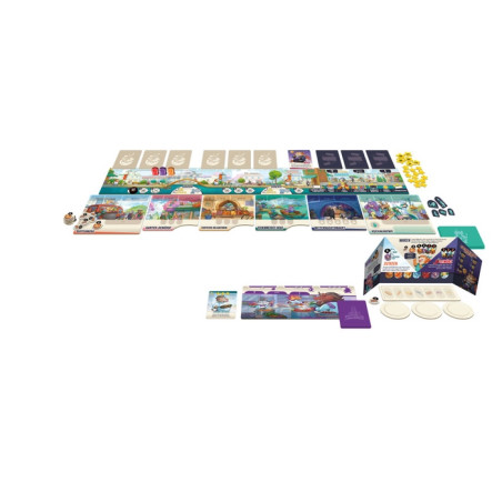 Animal Crossing Brettspiel-Komponenten wie Karten, Marker, Spielbretter und Box sind ausgelegt.